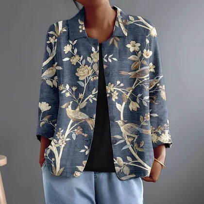 Camicia Blusa da Donna a Maniche Lunghe con Stampa Orientale Uccelli e Rami Fioriti | Blusa Elegante con Bottoni e Tasche in Tessuto Opaco