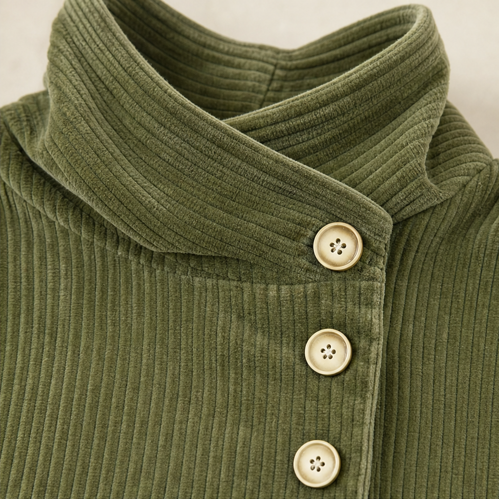 Top da Donna in Velluto a Coste Asimmetrico con Collo a Imbuto | Camicia Morbida a Maniche Lunghe con Bottoni Diagonali e Tasche