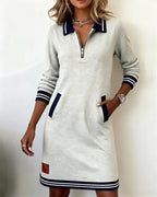 Abito Polo Sportivo a Maniche Lunghe con Mezza Zip da Donna – Vestito Casual in Felpa con Bordi a Righe e Tasche