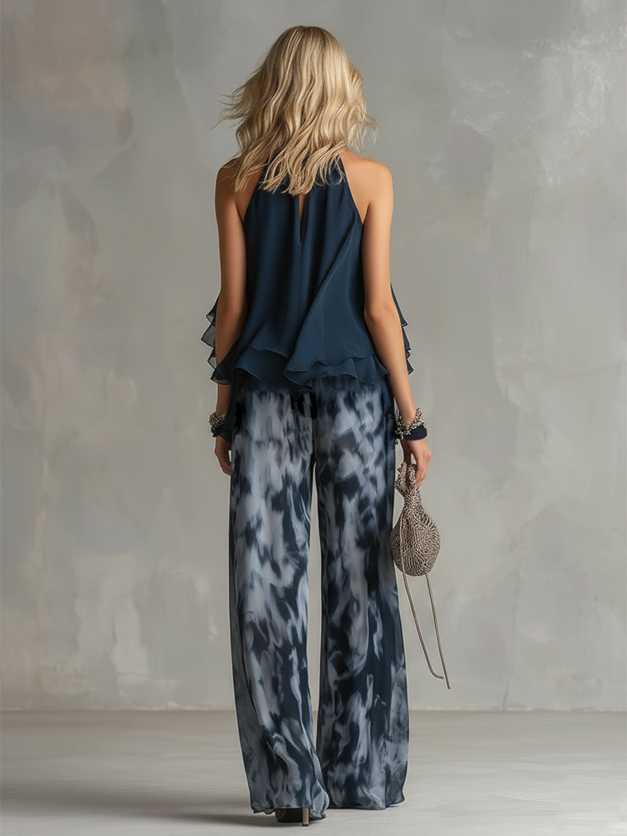 Completo Elegante in Chiffon da Donna a Due Pezzi | Top Collo Alto e Pantaloni Ampi Stampati