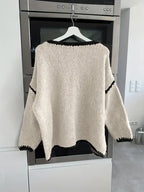 Maglione da Donna Girocollo in Maglia Morbida con Profili a Contrasto | Pullover Invernale Caldo a Spalla Scesa con Finiture Ricamate