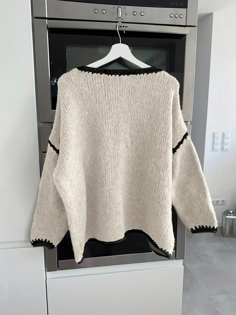 Maglione da Donna Girocollo in Maglia Morbida con Profili a Contrasto | Pullover Invernale Caldo a Spalla Scesa con Finiture Ricamate