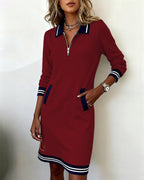 Abito Polo Sportivo a Maniche Lunghe con Mezza Zip da Donna – Vestito Casual in Felpa con Bordi a Righe e Tasche