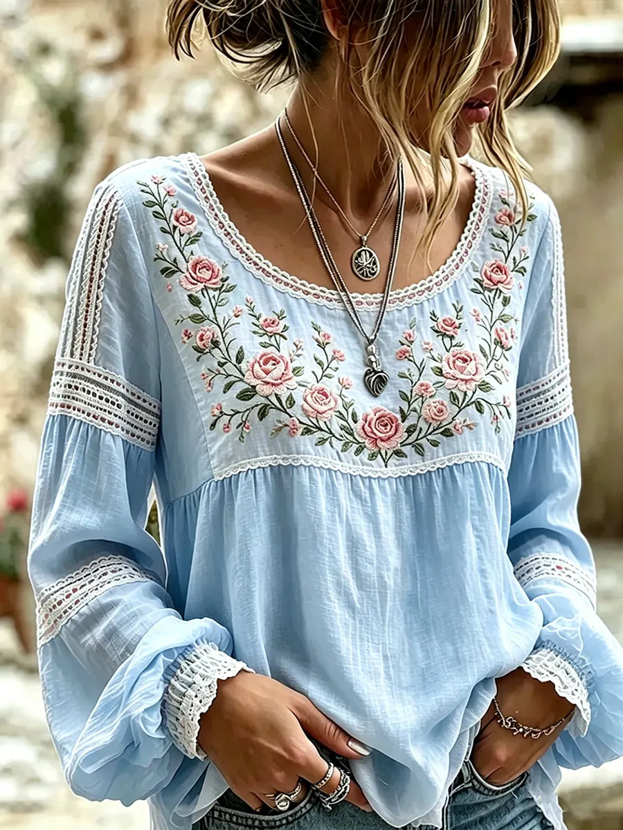 Camicetta da Donna in Lino con Ricami Floreali e Inserti in Pizzo | Blusa Bohémien a Maniche Lunghe con Ampio Scollo Rotondo
