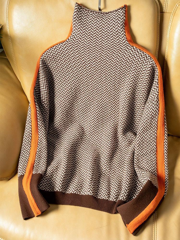 Maglione da Donna a Collo Alto con Righe a Contrasto | Pullover Lavorato a Maglia Caldo e Morbido