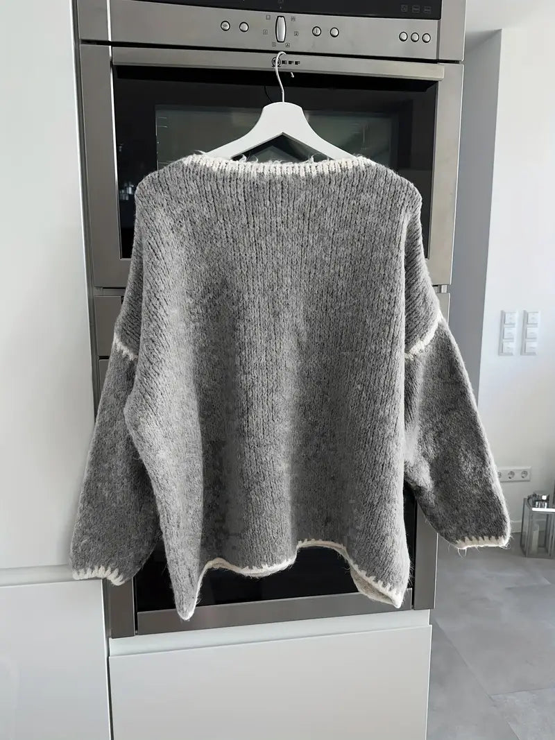 Maglione da Donna Girocollo in Maglia Morbida con Profili a Contrasto | Pullover Invernale Caldo a Spalla Scesa con Finiture Ricamate