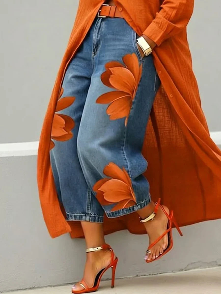 Completo da Donna Elegante con Vestito Chemisier Lungo e Jeans Floreali | Set Coordinato 2 Pezzi Spolverino in Lino e Denim a Gamba Dritta