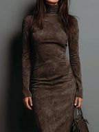 Abito Midi a Collo Alto da Donna in Simil Camoscio | Vestito a Tubino Elegante a Maniche Lunghe
