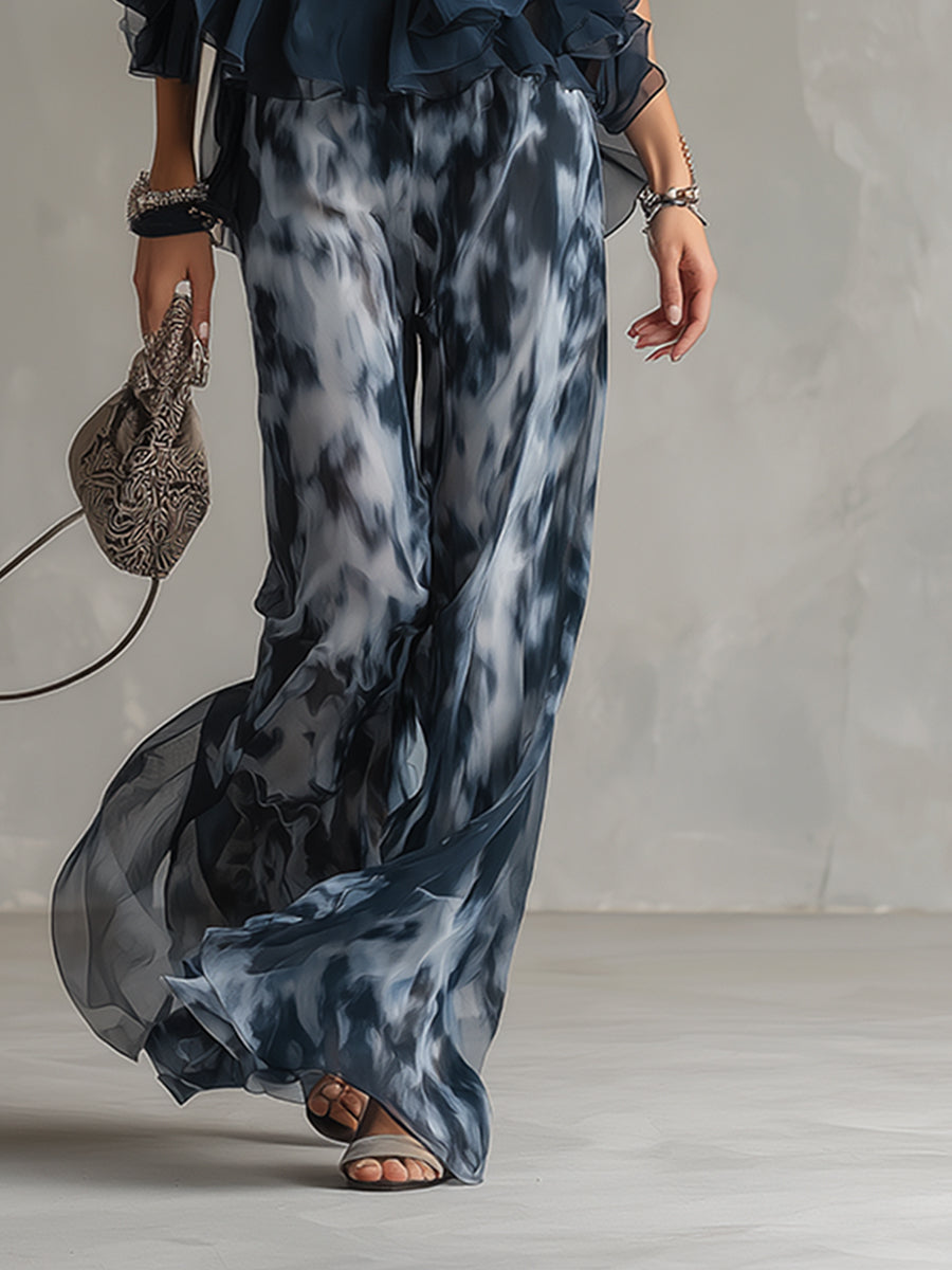 Completo Elegante in Chiffon da Donna a Due Pezzi | Top Collo Alto e Pantaloni Ampi Stampati