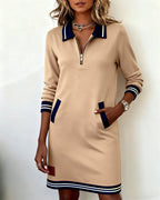 Abito Polo Sportivo a Maniche Lunghe con Mezza Zip da Donna – Vestito Casual in Felpa con Bordi a Righe e Tasche