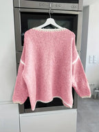 Maglione da Donna Girocollo in Maglia Morbida con Profili a Contrasto | Pullover Invernale Caldo a Spalla Scesa con Finiture Ricamate