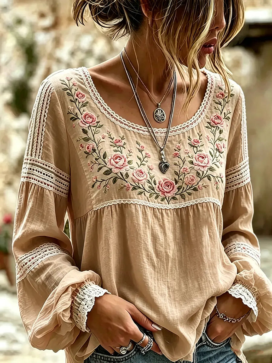 Camicetta da Donna in Lino con Ricami Floreali e Inserti in Pizzo | Blusa Bohémien a Maniche Lunghe con Ampio Scollo Rotondo