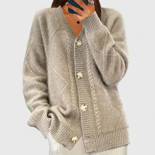 Cardigan da Donna in Maglia Morbida con Scollo a V e Bottoni | Cardigan Aperto a Trecce con Finiture a Costine
