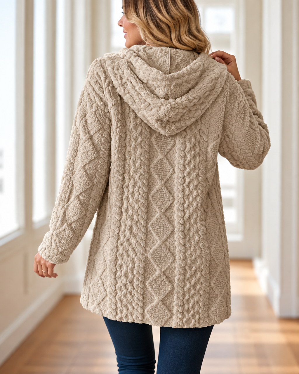 Cardigan Lungo con Cappuccio in Maglia a Trecce da Donna | Giacca Calda in Maglieria Aperta