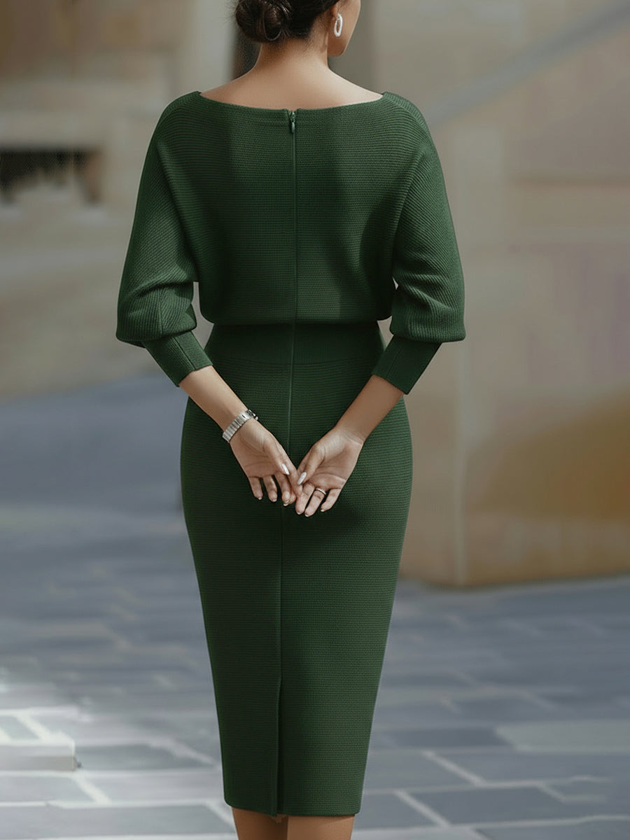Abito Midi da Donna con Maniche a Pipistrello Drappeggiate | Vestito Elegante a Tubino Morbido