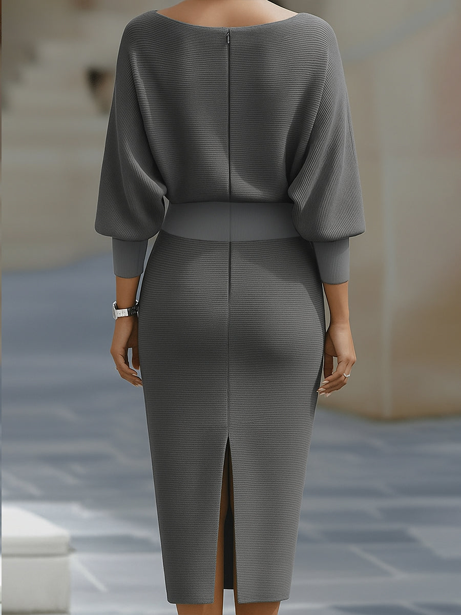 Abito Midi da Donna con Maniche a Pipistrello Drappeggiate | Vestito Elegante a Tubino Morbido