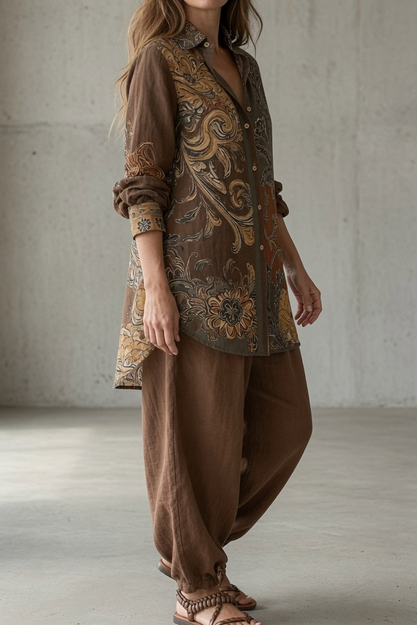 Completo da Donna Elegante con Stampa Paisley Vintage | Set Coordinato 2 Pezzi Camicia con Bottoni e Pantaloni Ampi Fluidi