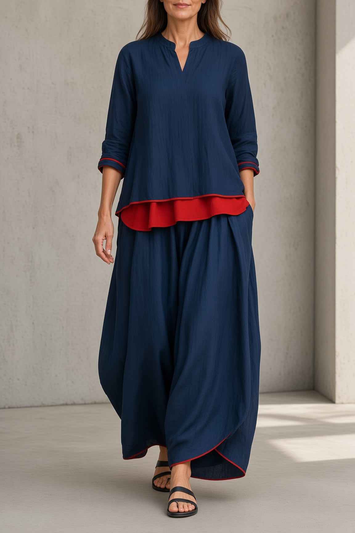 Completo da Donna Elegante con Profili a Contrasto | Set Coordinato 2 Pezzi Tunica con Scollo alla Coreana e Pantaloni Ampi con Tasche