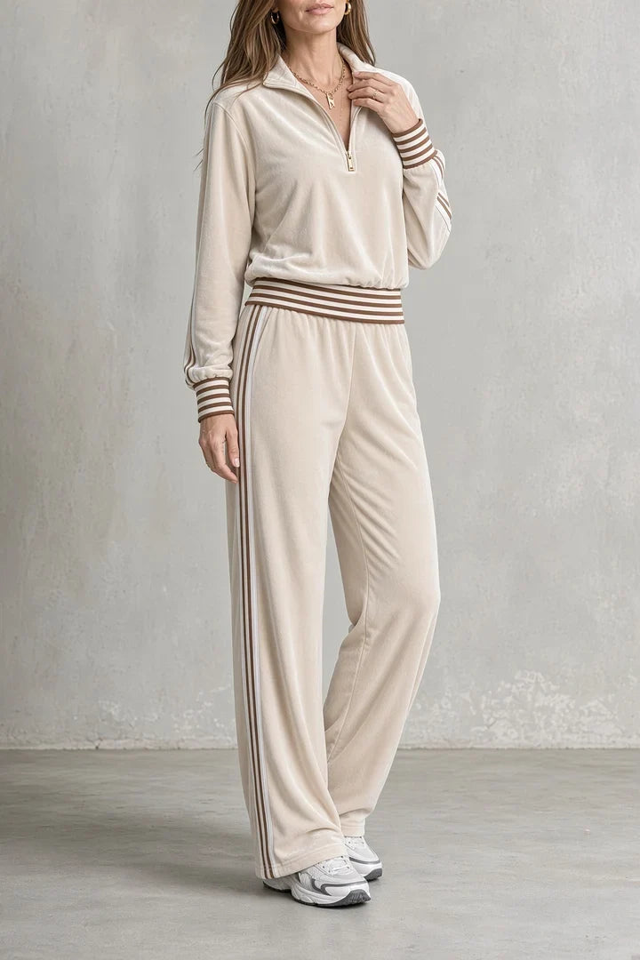 Completo Sportivo da Donna in Velluto con Mezza Zip e Bande Laterali | Set Coordinato 2 Pezzi Felpa con Collo Alto e Pantaloni a Gamba Larga