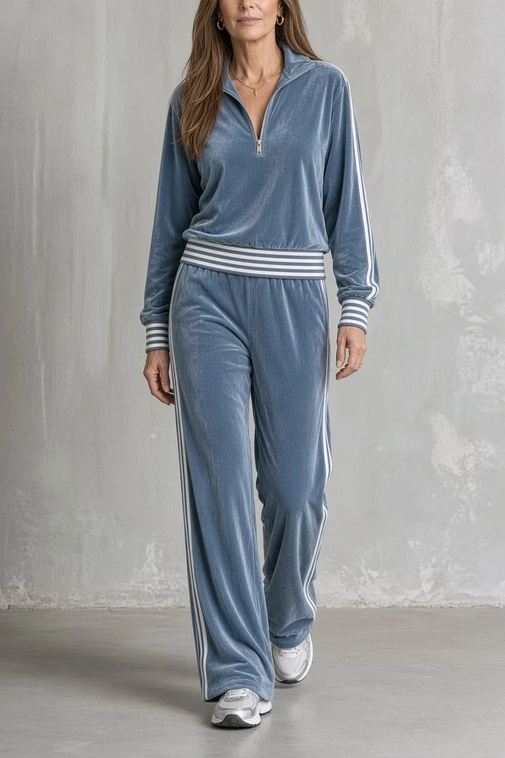 Completo Sportivo da Donna in Velluto con Mezza Zip e Bande Laterali | Set Coordinato 2 Pezzi Felpa con Collo Alto e Pantaloni a Gamba Larga