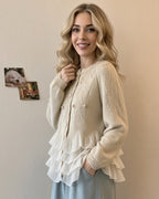 Cardigan da Donna in Maglia Lavorata con Volant a Balze | Giacca Aperta Elegante a Maniche Lunghe con Bottoni Delicati
