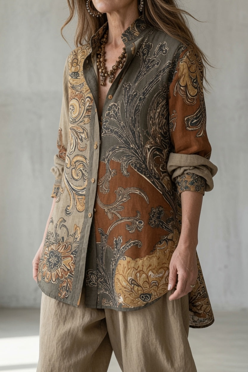 Completo da Donna Elegante con Stampa Paisley Vintage | Set Coordinato 2 Pezzi Camicia con Bottoni e Pantaloni Ampi Fluidi