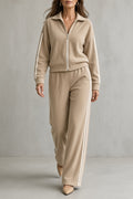 Completo Sportivo da Donna in Maglia a Costine con Zip e Righe Laterali | Set Coordinato 2 Pezzi Giacca con Collo Alto e Pantaloni Ampi con Tasche