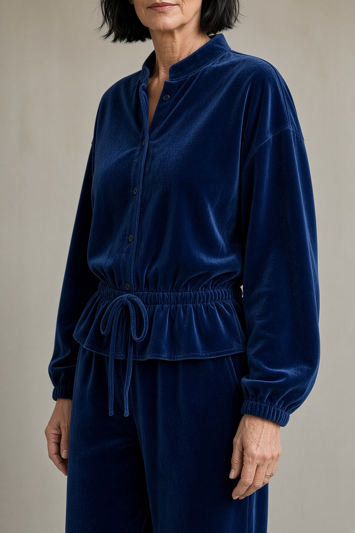 Completo da Donna Elegante in Velluto con Camicia Peplo e Pantaloni a Gamba Larga | Set Coordinato 2 Pezzi con Coulisse in Vita