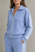 Completo Sportivo da Donna in Maglia a Costine con Zip e Righe Laterali | Set Coordinato 2 Pezzi Giacca con Collo Alto e Pantaloni Ampi con Tasche