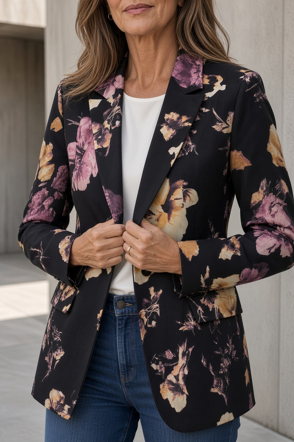 Blazer Elegante da Donna con Stampa Floreale Artistica | Giacca Sartoriale Monopetto con Revers e Tasche con Pattina