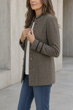 Giacca Blazer Elegante da Donna in Tessuto Effetto Tweed con Bottoni Dorati | Giacca Strutturata con Colletto Rialzato e Profili a Contrasto