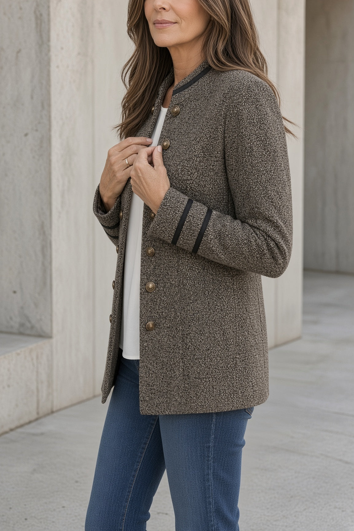 Giacca Blazer Elegante da Donna in Tessuto Effetto Tweed con Bottoni Dorati | Giacca Strutturata con Colletto Rialzato e Profili a Contrasto
