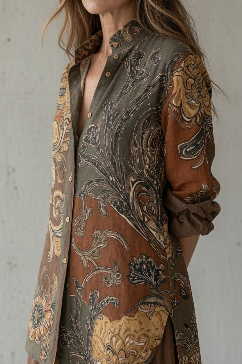 Completo da Donna Elegante con Stampa Paisley Vintage | Set Coordinato 2 Pezzi Camicia con Bottoni e Pantaloni Ampi Fluidi