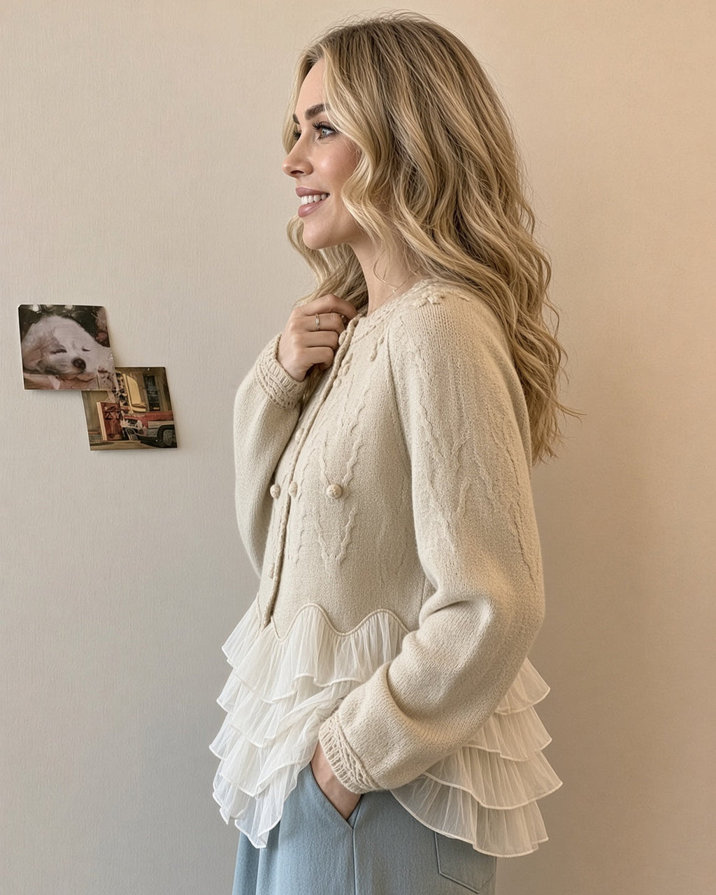 Cardigan da Donna in Maglia Lavorata con Volant a Balze | Giacca Aperta Elegante a Maniche Lunghe con Bottoni Delicati