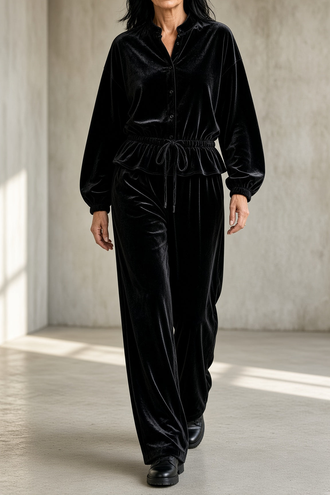 Completo da Donna Elegante in Velluto con Camicia Peplo e Pantaloni a Gamba Larga | Set Coordinato 2 Pezzi con Coulisse in Vita