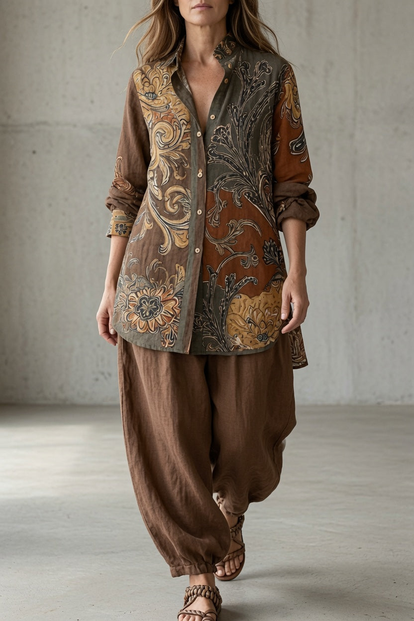 Completo da Donna Elegante con Stampa Paisley Vintage | Set Coordinato 2 Pezzi Camicia con Bottoni e Pantaloni Ampi Fluidi