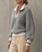 Maglione da Donna con Mezza Zip e Colletto a Revers con Profili a Contrasto | Pullover Caldo Invernale Sagomato con Cursore ad Anello