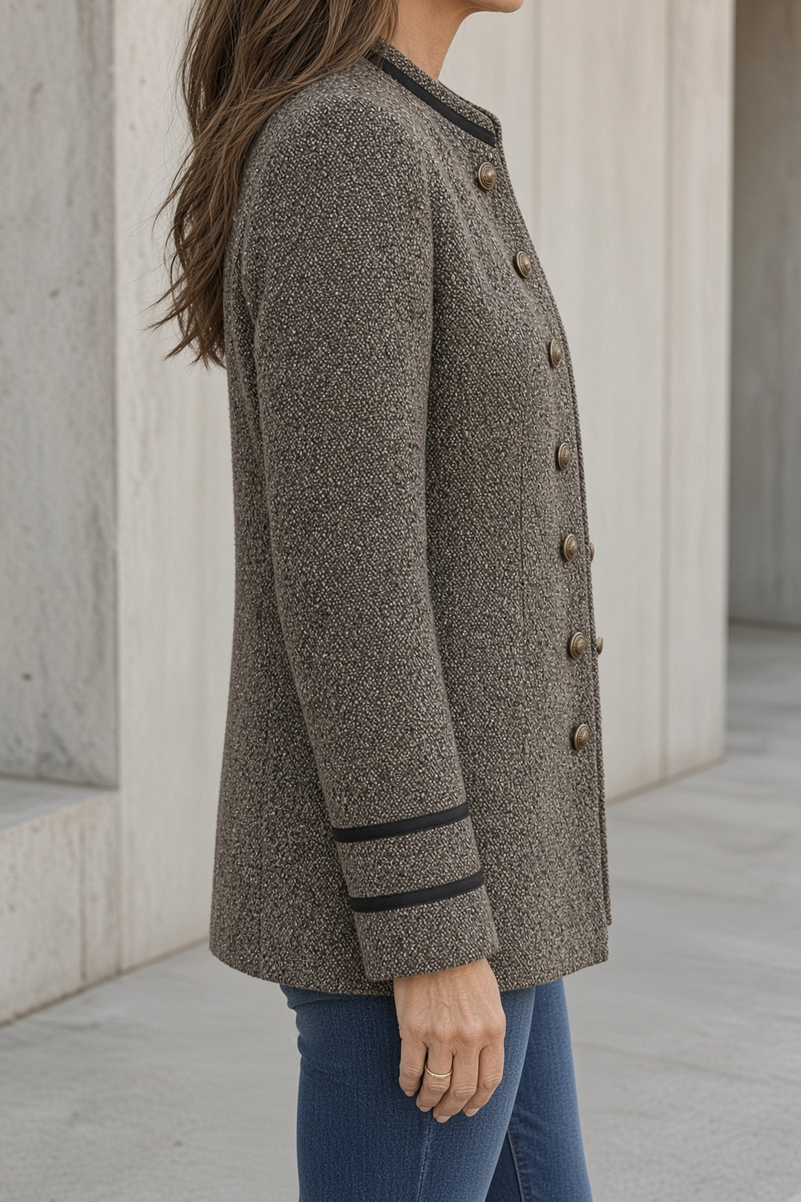 Giacca Blazer Elegante da Donna in Tessuto Effetto Tweed con Bottoni Dorati | Giacca Strutturata con Colletto Rialzato e Profili a Contrasto