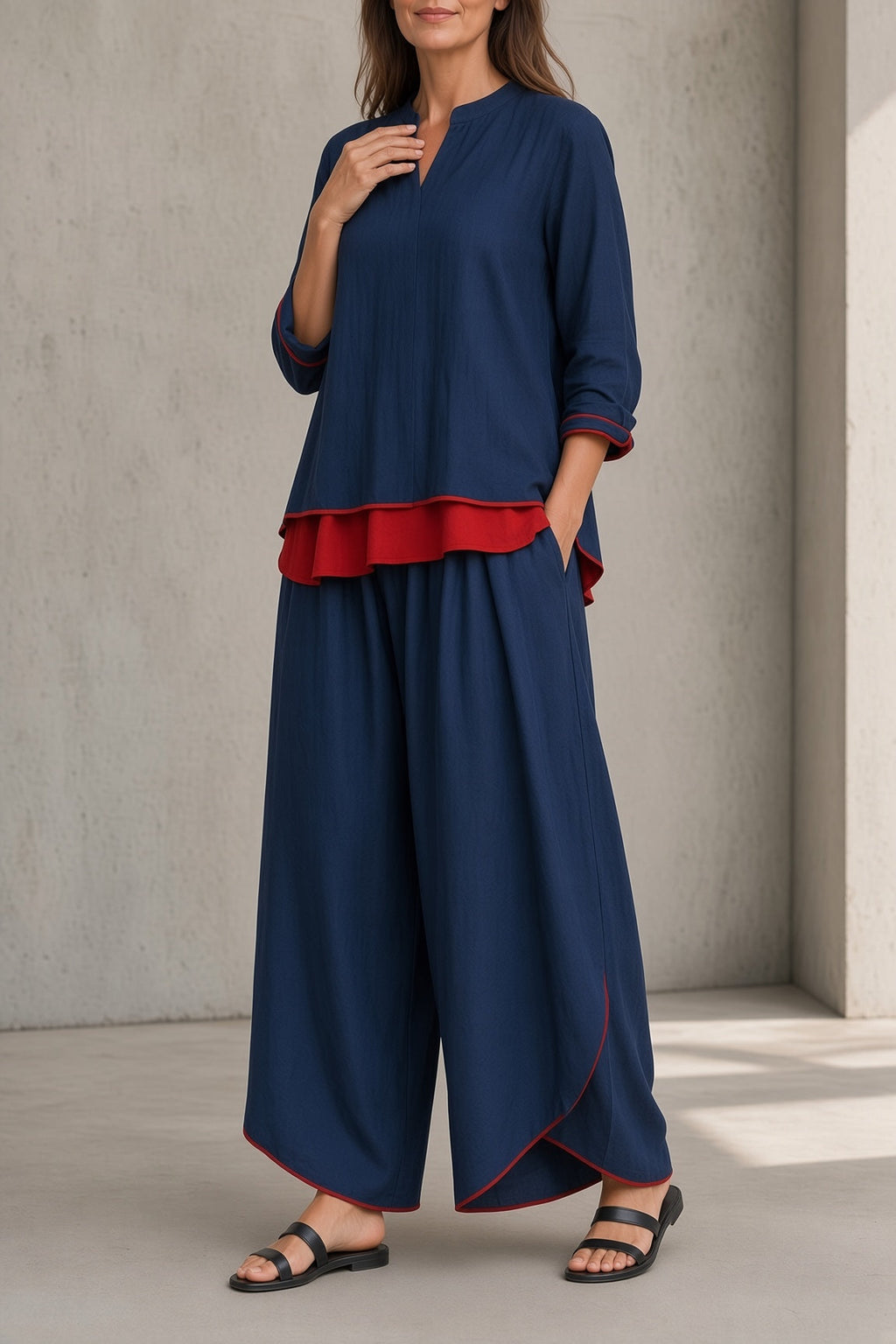 Completo da Donna Elegante con Profili a Contrasto | Set Coordinato 2 Pezzi Tunica con Scollo alla Coreana e Pantaloni Ampi con Tasche