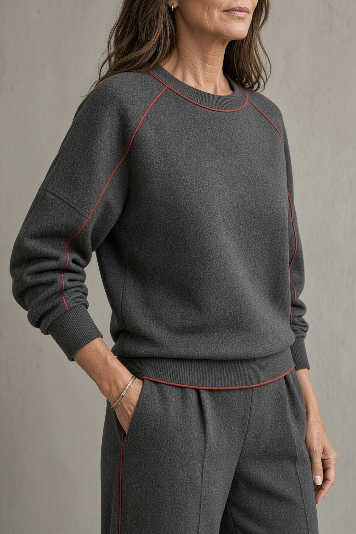 Completo da Donna Elegante in Maglia con Profili a Contrasto | Set Coordinato 2 Pezzi Top Girocollo e Pantaloni a Gamba Dritta