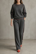Completo da Donna Elegante in Maglia con Profili a Contrasto | Set Coordinato 2 Pezzi Top Girocollo e Pantaloni a Gamba Dritta