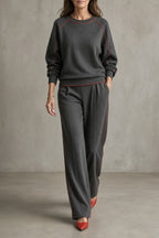 Completo da Donna Elegante in Maglia con Profili a Contrasto | Set Coordinato 2 Pezzi Top Girocollo e Pantaloni a Gamba Dritta