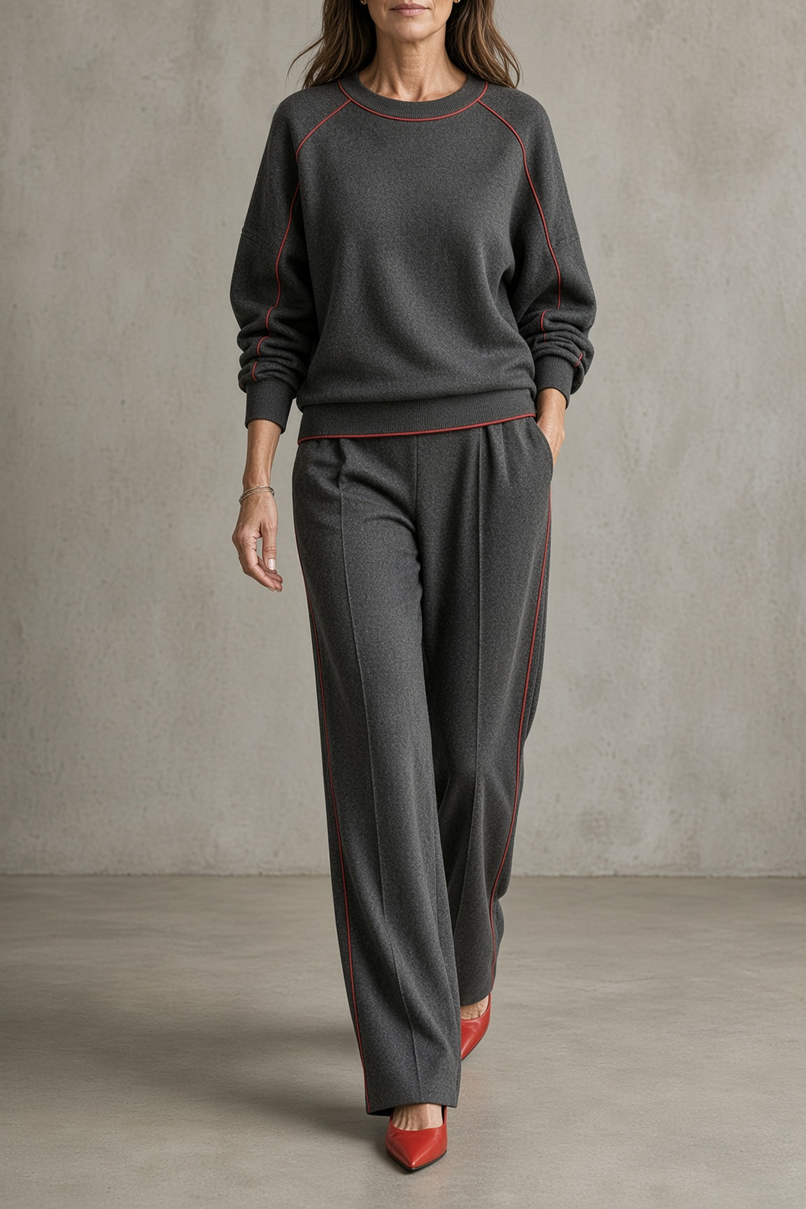 Completo da Donna Elegante in Maglia con Profili a Contrasto | Set Coordinato 2 Pezzi Top Girocollo e Pantaloni a Gamba Dritta