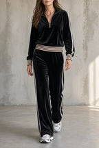 Completo Sportivo da Donna in Velluto con Mezza Zip e Bande Laterali | Set Coordinato 2 Pezzi Felpa con Collo Alto e Pantaloni a Gamba Larga