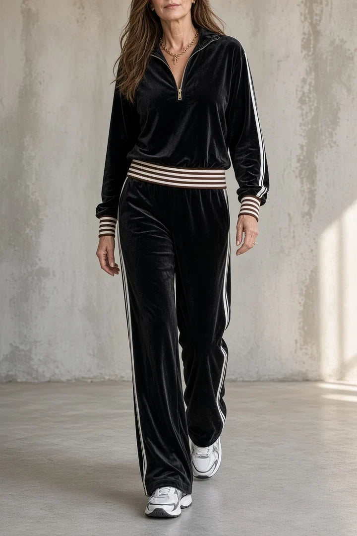 Completo Sportivo da Donna in Velluto con Mezza Zip e Bande Laterali | Set Coordinato 2 Pezzi Felpa con Collo Alto e Pantaloni a Gamba Larga