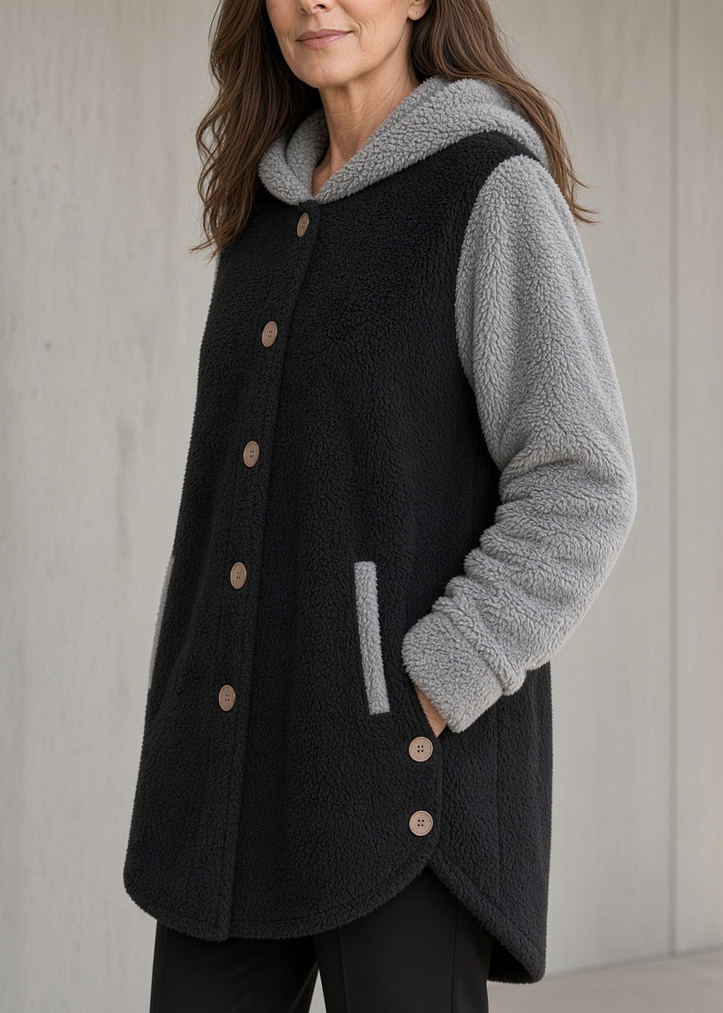 Cappotto Lungo da Donna in Pile Caldo con Cappuccio a Contrasto e Bottoni | Giacca Invernale Bicolore Morbida con Tasche
