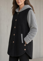 Cappotto Lungo da Donna in Pile Caldo con Cappuccio a Contrasto e Bottoni | Giacca Invernale Bicolore Morbida con Tasche