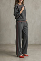 Completo da Donna Elegante in Maglia con Profili a Contrasto | Set Coordinato 2 Pezzi Top Girocollo e Pantaloni a Gamba Dritta