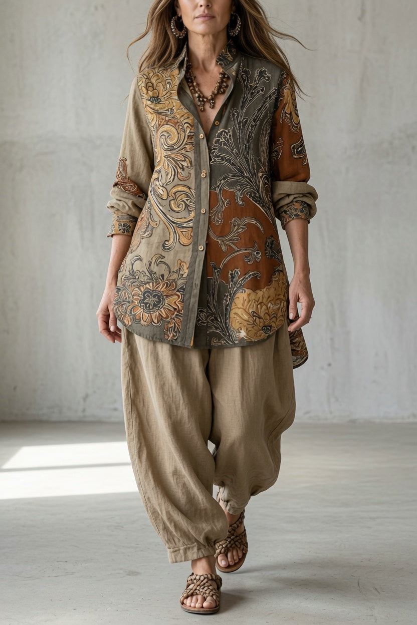 Completo da Donna Elegante con Stampa Paisley Vintage | Set Coordinato 2 Pezzi Camicia con Bottoni e Pantaloni Ampi Fluidi