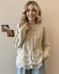 Cardigan da Donna in Maglia Lavorata con Volant a Balze | Giacca Aperta Elegante a Maniche Lunghe con Bottoni Delicati